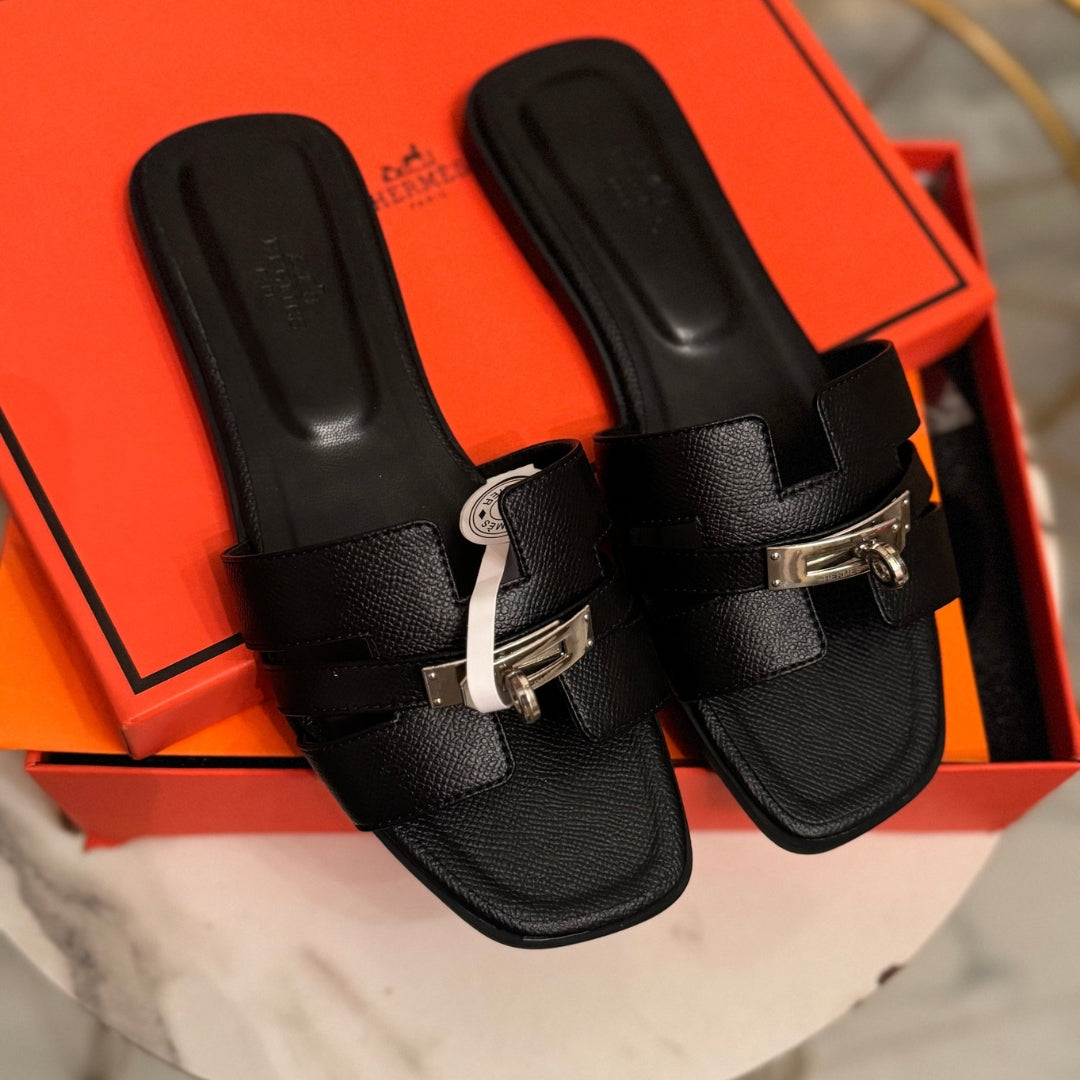 Hermes Oran Padlock Slides Black - Master Plus Series - Brand Box Packaging