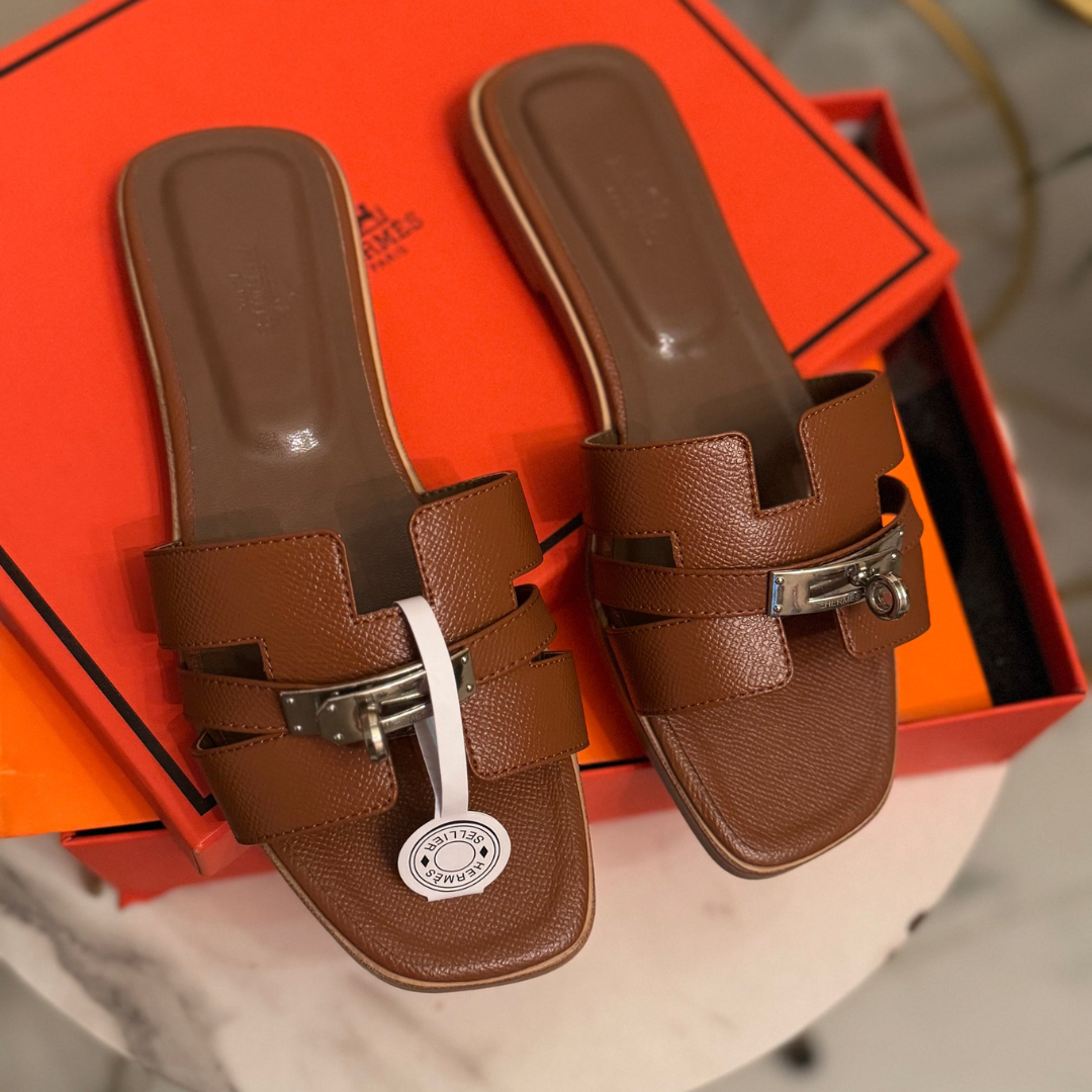 Hermes Oran Padlock Slides Brown - Master Plus Series - Brand Box Packaging