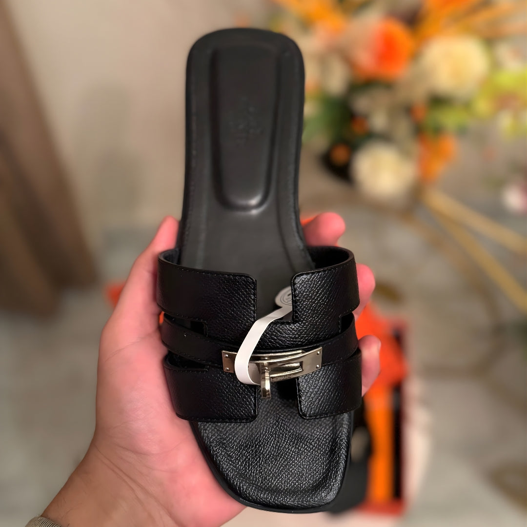 Hermes Oran Padlock Slides - Black