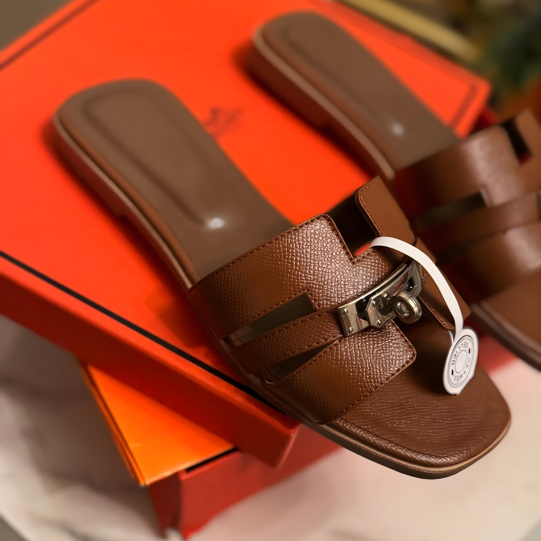 Hermes Oran Padlock Slides - Brown