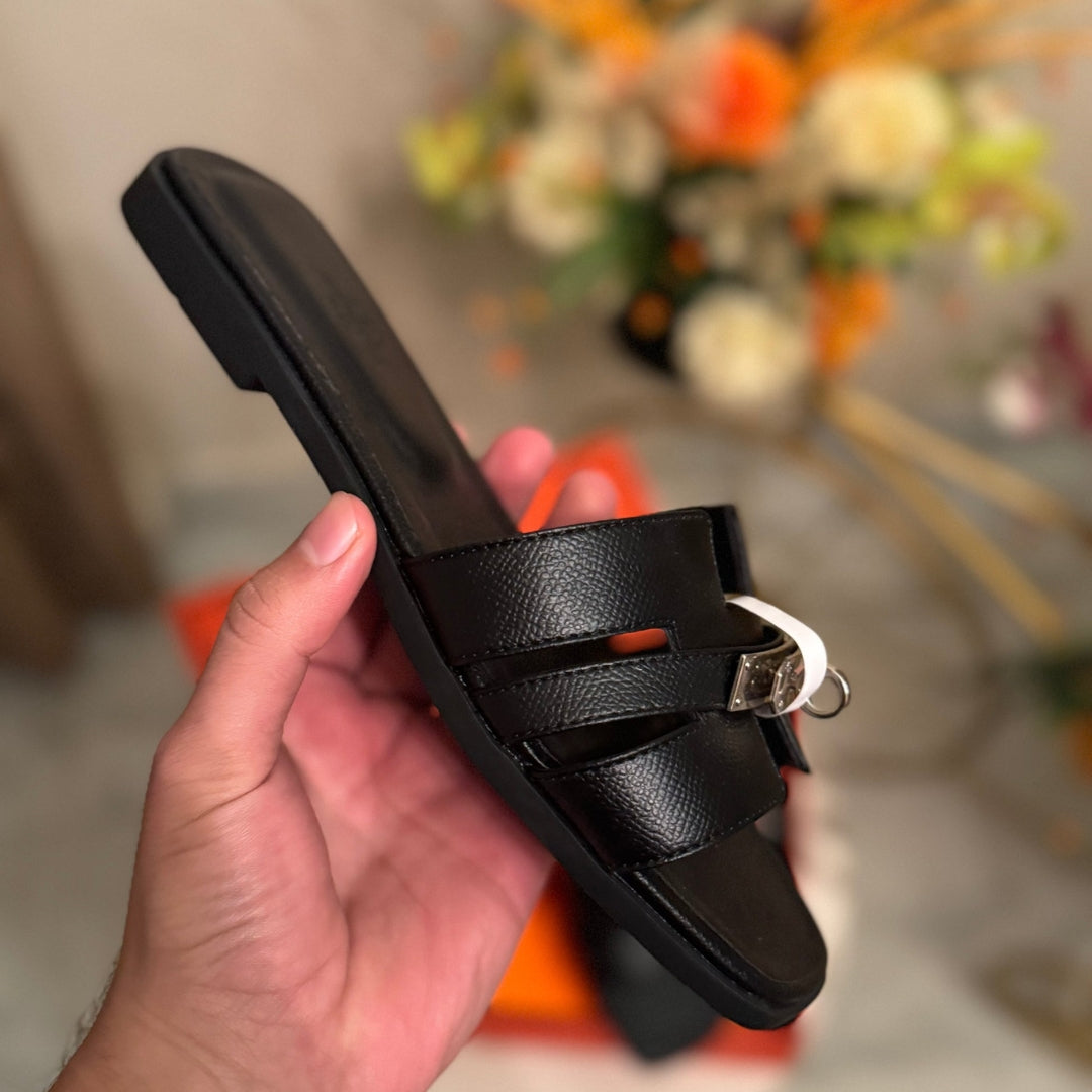 Hermes Oran Padlock Slides - Black