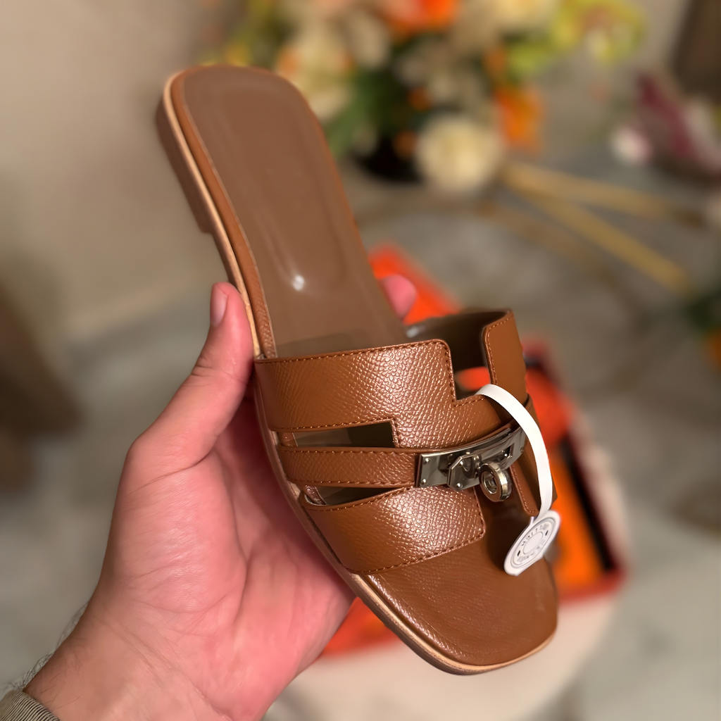 Hermes Oran Padlock Slides - Brown